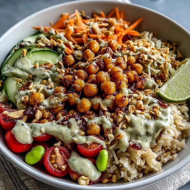 A close-up view of a Peanut Chickpea Protein Bowl topped with chopped peanuts, fresh cilantro, and lime wedges.