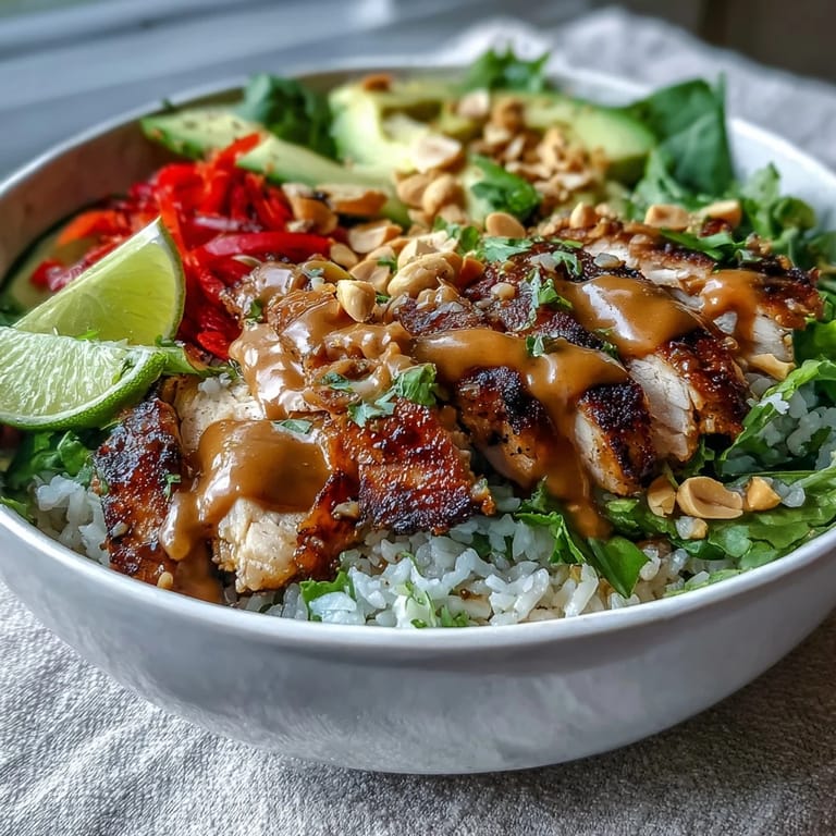 A finished Coconut Rice Peanut Bowl garnished with chopped peanuts and fresh lime wedges on the side.