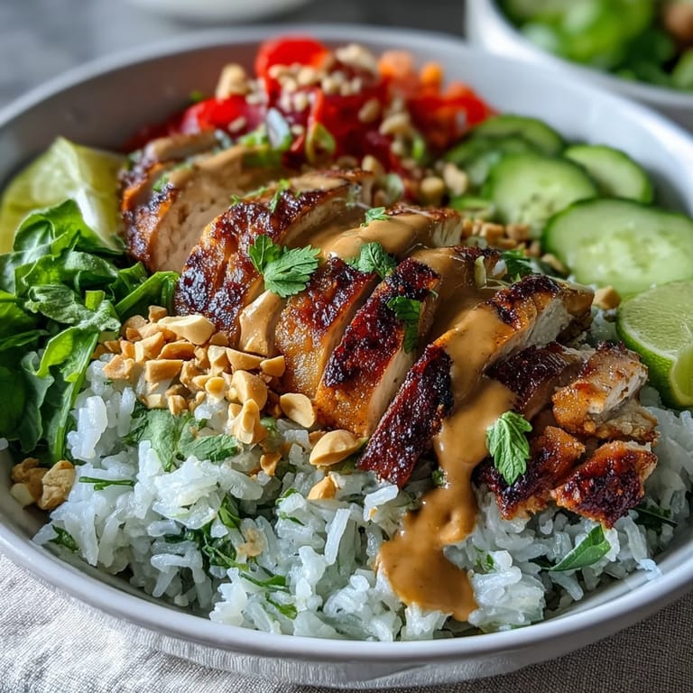 Sliced grilled chicken and fresh vegetables sit on fluffy coconut rice, with peanut sauce ready for drizzling.