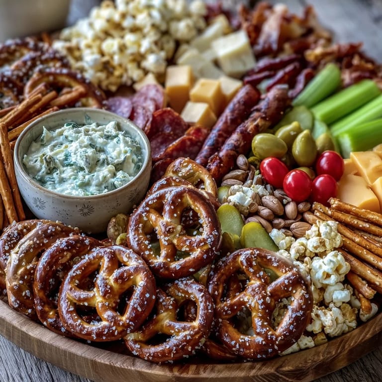 Game Day Baseball Snack Board with Pretzels and Dips: Soft pretzel bites paired with beer cheese and honey mustard dips, surrounded by fresh veggies and crunchy snacks.