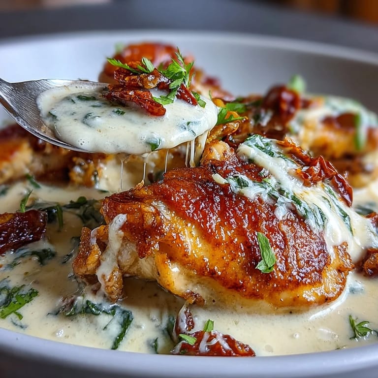 Luscious Creamy Tuscan Chicken Skillet served in a skillet, with chicken in a creamy garlic sauce, sun-dried tomatoes, and fresh spinach for an Italian-American dinner.