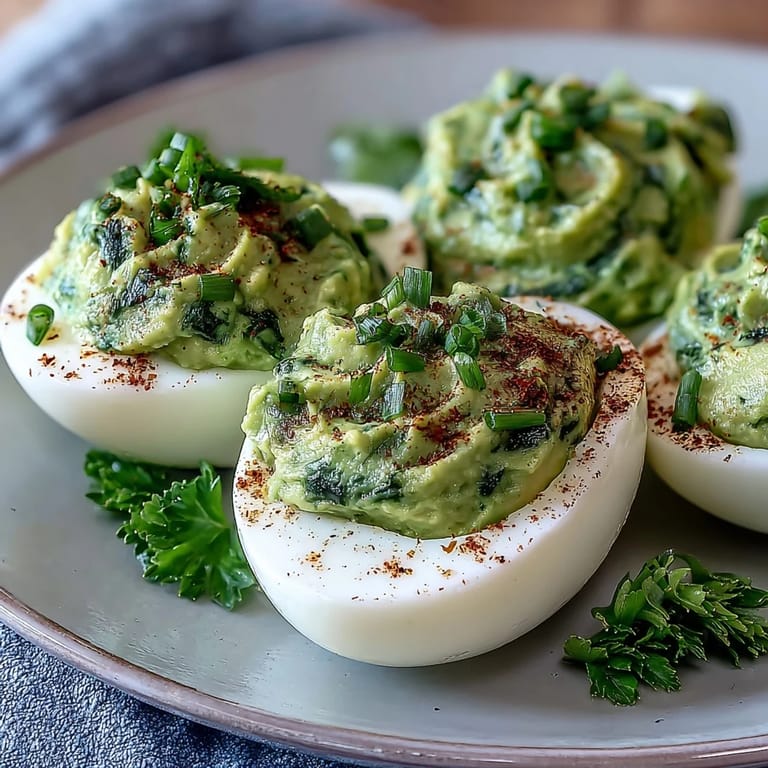 Bright green avocado deviled eggs served chilled, offering a fresh twist on a classic party favorite.