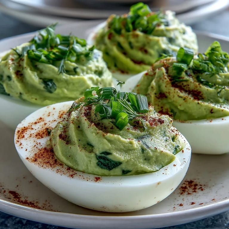 Creamy avocado deviled eggs garnished with chives and dill, a vibrant appetizer for Easter and spring gatherings.  
