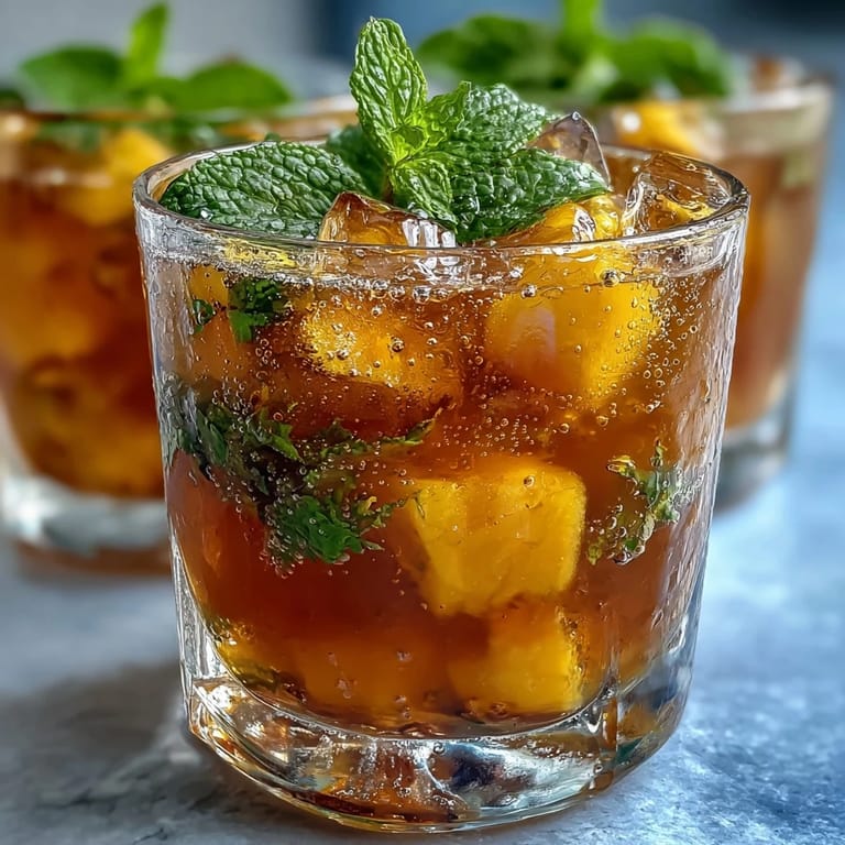 Cold pitcher of mango peach iced tea with mint, perfect for summer sipping and backyard gatherings.