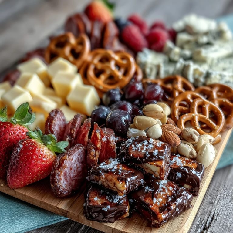 Celebrate with a Festive Grad Party Snack Board, artfully arranged with savory meats, nuts, berries, and sweet chocolate pretzels for every guest.