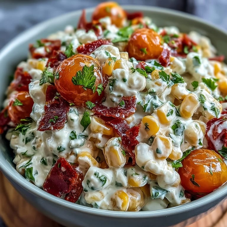 A vibrant bowl of Creamy Corn Salad with Jalapeño, featuring sweet corn, cherry tomatoes, and red bell pepper in a tangy, creamy dressing.