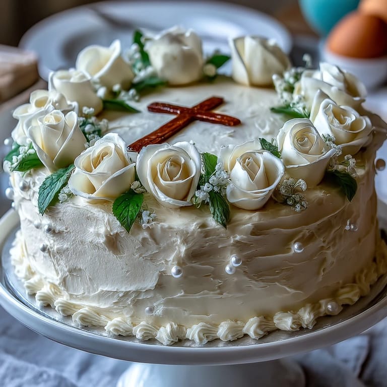 Delicate vanilla sponge cake adorned with buttercream and fondant roses, crowned with a cross topper for First Communion.  