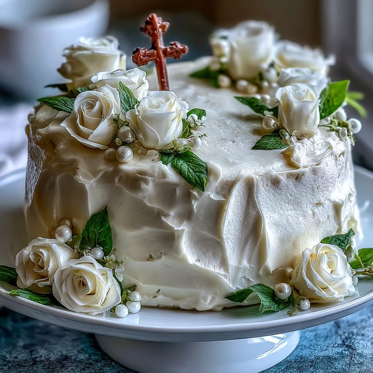 Classic First Communion cake featuring tender vanilla layers, silky frosting, and intricate white fondant roses with cross decoration.