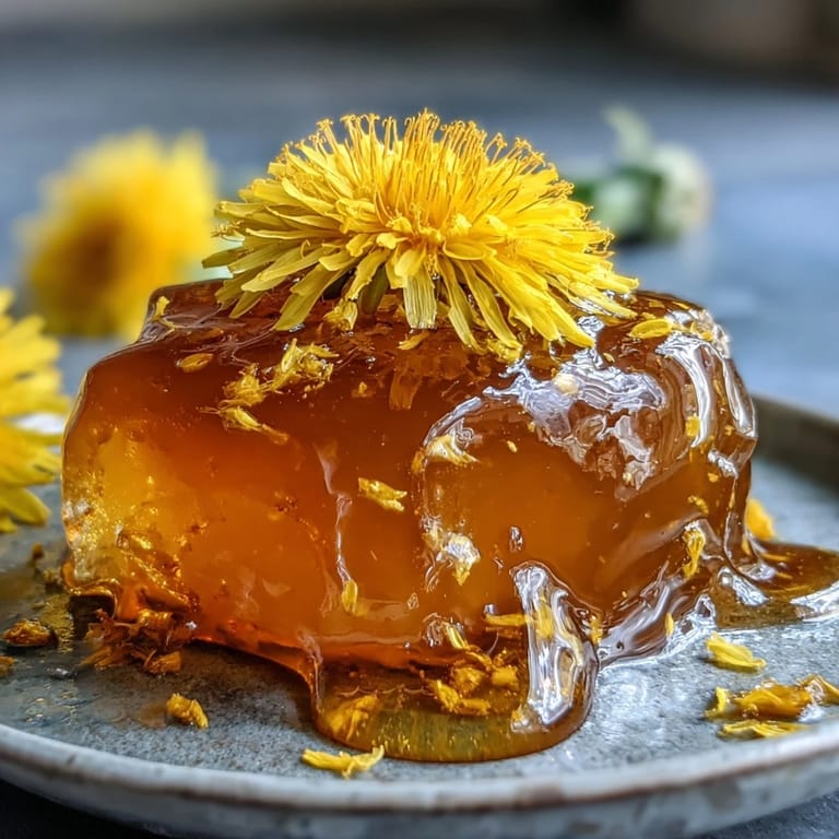 Homemade dandelion jelly with zesty lemon and sweet honey, a vibrant springtime preserve.
