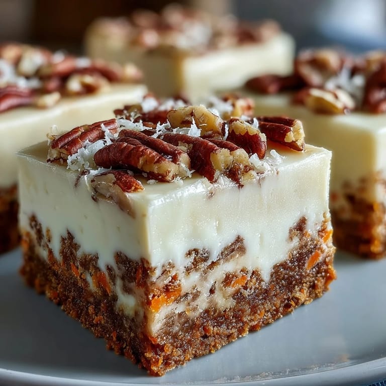 Rich carrot cake cheesecake bars topped with walnuts, perfect for Easter or spring gatherings.