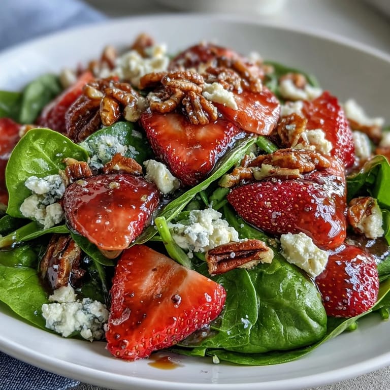 Vibrant spinach salad topped with strawberries, goat cheese, candied pecans, and drizzled with balsamic vinaigrette.