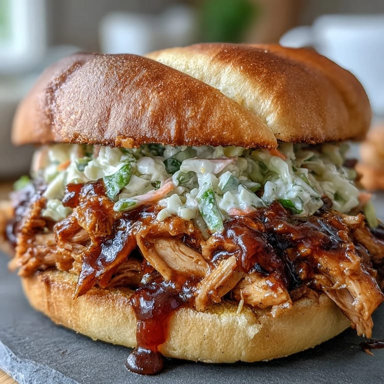 Juicy pulled BBQ chicken smothered in smoky sauce, served with crunchy coleslaw on a fluffy bun.