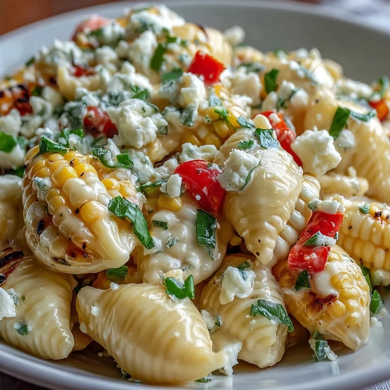 Colorful elote-inspired pasta salad with tender rotini, tangy lime, and salty Cotija, ideal for potlucks or light vegetarian meals.