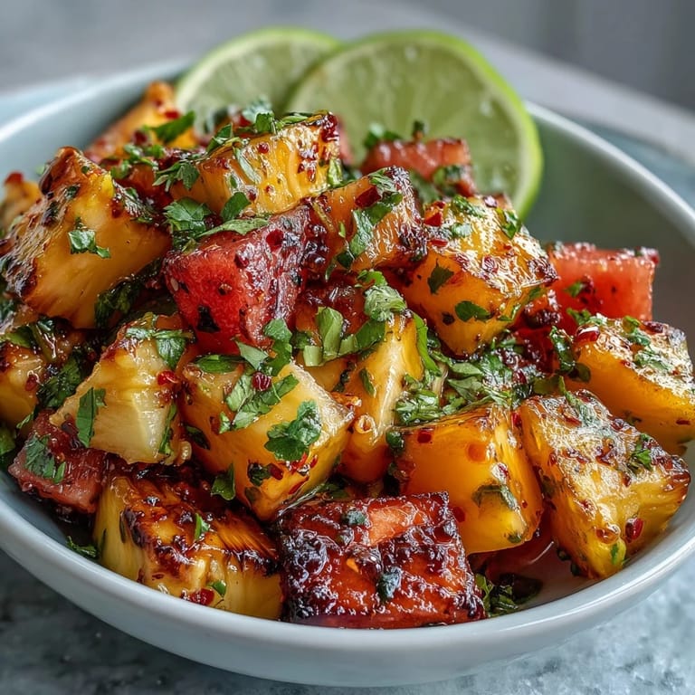 Vibrant mango and pineapple cubes sprinkled with Tajín, fresh lime juice, and sea salt for a refreshing snack.