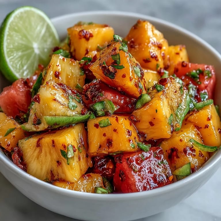 Colorful fruit cups featuring sweet mango, juicy watermelon, and a spicy chili-lime kick, perfect for summer gatherings.