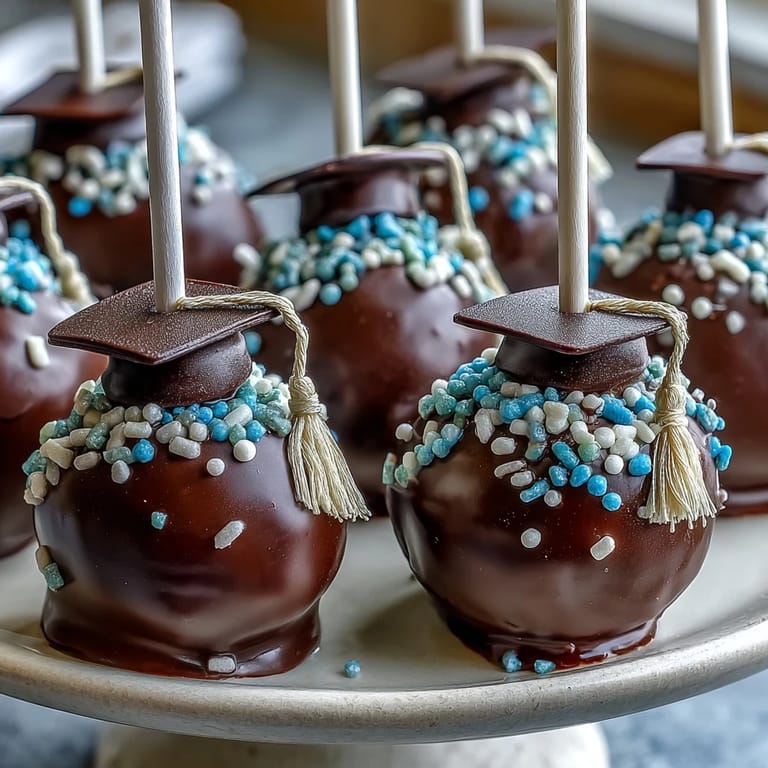Customizable graduation cake pops dipped in colored chocolate, decorated with edible glitter and sprinkles for a party-ready dessert.