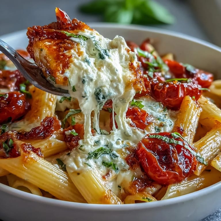 Creamy baked feta pasta with burst cherry tomatoes and fresh basil leaves on a rustic table setting.  