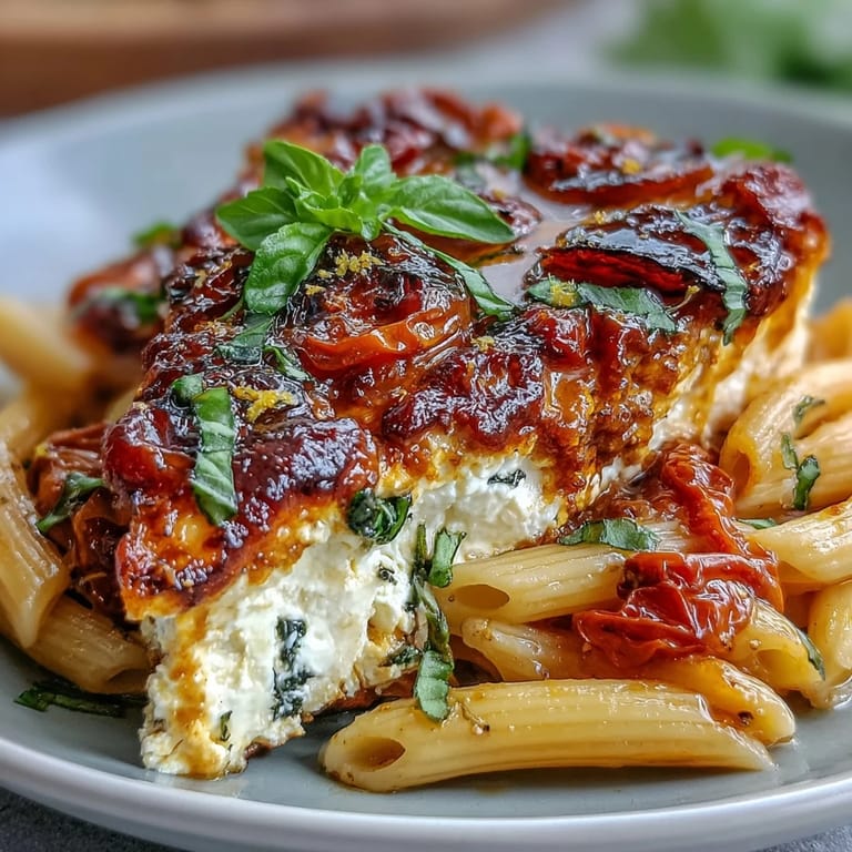 Oven-baked feta and cherry tomatoes create a rich sauce for pasta, garnished with fragrant basil and lemon zest.