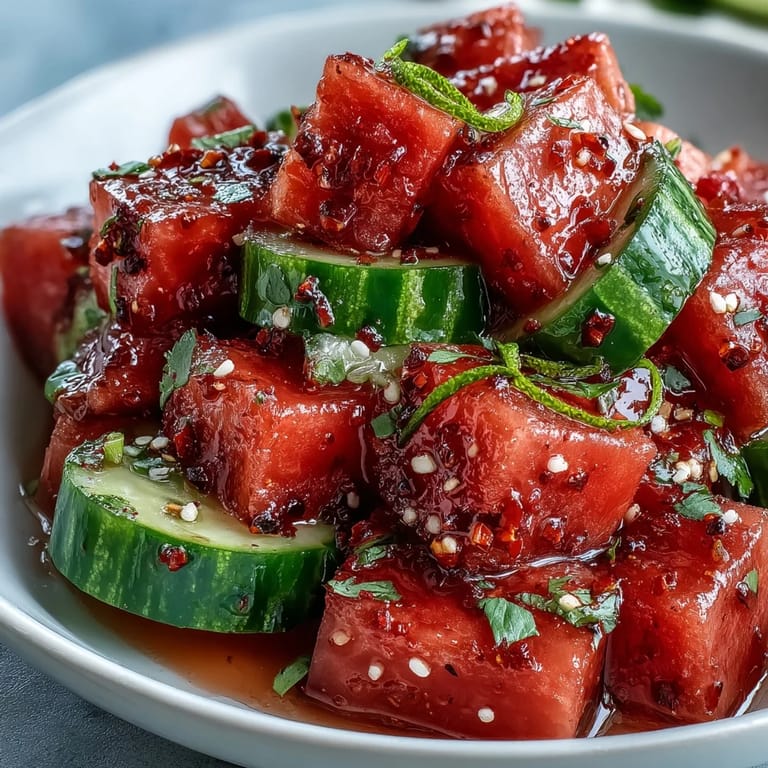 Vibrant watermelon cucumber salad with zesty Tajin and lime, perfect for a light appetizer.