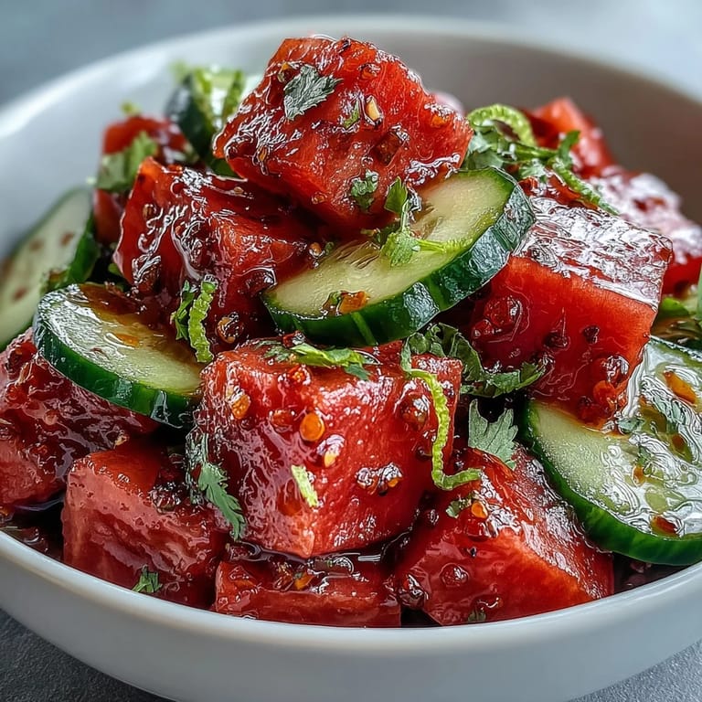 A refreshing Watermelon Cucumber Salad with Tajin, showcasing fresh lime and crisp produce.