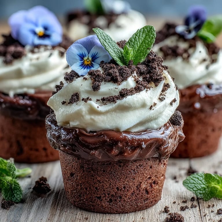 Rich chocolate brownies baked in mini flower pots, layered with whipped cream and crushed Oreo "dirt," decorated with colorful edible blooms.