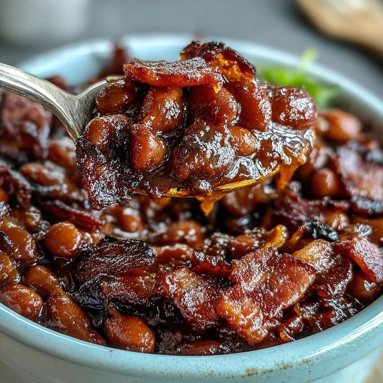 Hearty Juneteenth BBQ baked beans, rich with molasses and crispy bacon.