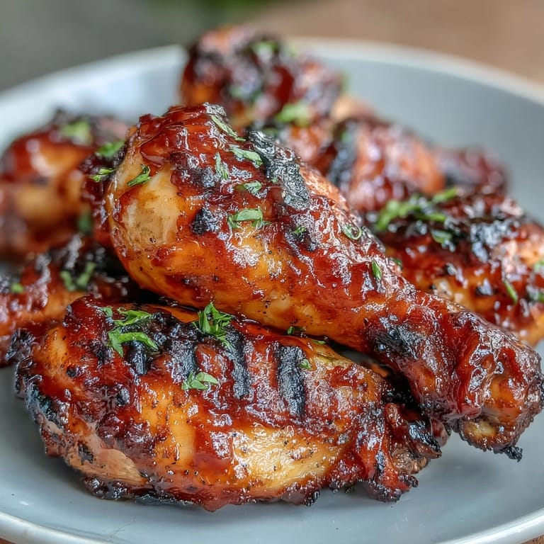 Grilled BBQ chicken drumsticks glistening, ready for a flavorful summer meal.