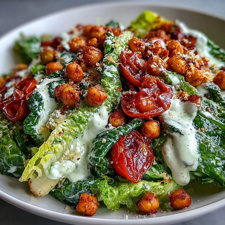 A vibrant vegan Caesar salad featuring plant-based dressing and savory chickpea croutons.