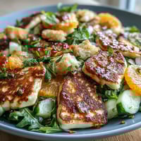 Fresh Halloumi Blood Orange Fattoush salad features golden-fried cheese, juicy citrus, and crisp croutons on greens.