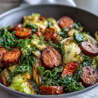 Smothered Cabbage With Sausage Skillet showcases tender cabbage and browned sausage in a savory pan.