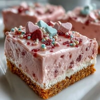 Slice of Candy Hearts Fake Cake on a white plate with extra hearts and sprinkles on the side.