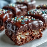Glossy chocolate coated Rice Krispy Treats with rainbow sprinkles, stacked on a rustic wooden board.