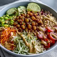Roasted chickpeas and crisp veggies in a creamy peanut sauce make this vibrant Peanut Chickpea Protein Bowl a nourishing meal.