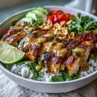 Fluffy coconut rice topped with grilled chicken, crisp cabbage, and carrots, all drizzled with creamy peanut sauce.