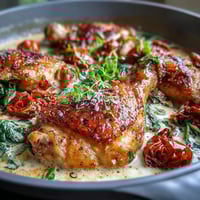 Creamy Tuscan Chicken Skillet with tender chicken in a rich garlic cream sauce, featuring sun-dried tomatoes and fresh spinach. A comforting one-pan dinner perfect for busy weeknights.  