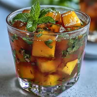 Refreshing mango peach iced tea with mint, served over ice with vibrant fruit slices and fresh mint sprigs.