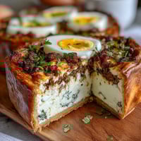 Easter Savory Pie with Hard-Boiled Eggs and Ham: golden flaky pastry encasing creamy ricotta, savory ham, spinach, and whole eggs for a stunning spring centerpiece.  