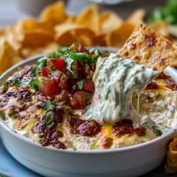 Festive Cinco de Mayo Loaded Queso Dip with chorizo, pico de gallo, and creamy cheese sauce.