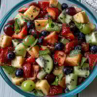 A vibrant bowl of strawberry lemonade fruit salad with juicy berries, pineapple, and grapes tossed in a zesty lemon-honey dressing.