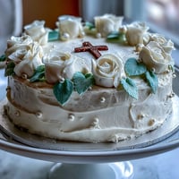 Elegant First Communion cake with white roses and cross topper, perfect for a sacred celebration.  