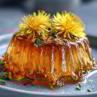 A jar of golden dandelion jelly with fresh lemon and honey, perfect for toast or yogurt.