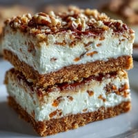 Decadent carrot cake cheesecake bars with swirled layers of spiced carrot cake and creamy cheesecake.