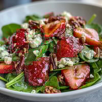 Fresh spring salad with baby spinach, ripe strawberries, goat cheese, and candied pecans in balsamic dressing.  