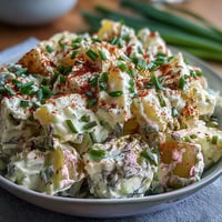 Creamy deviled egg potato salad with tender potatoes, tangy mustard dressing, and fresh herbs for a classic Easter side dish.