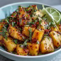 Bright tropical fruit cups with ripe mango, pineapple, and watermelon tossed in zesty lime and chili-lime seasoning.