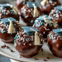 Graduation cake pops in school colors, decorated with festive sprinkles and fondant caps, ready for a celebration.