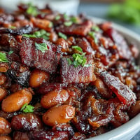 Juneteenth BBQ baked beans with bacon, a smoky-sweet Southern comfort food.