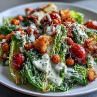 Crispy vegan Caesar salad topped with golden chickpea croutons, ready to enjoy.