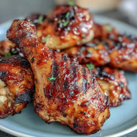 Juicy BBQ chicken drumsticks with spicy peach glaze caramelizing on the grill.